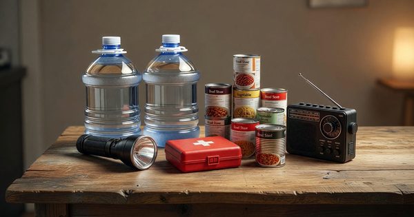 Emergency supplies including water containers, flashlight and first aid kit arranged on a table