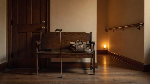 A wooden bench by a front door holding a packed go bag, with a cane leaning beside it and a night light and handrail in the hallway