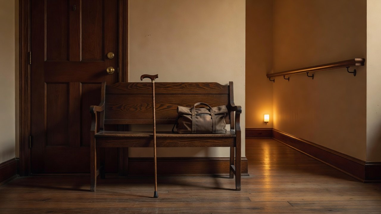A wooden bench by a front door holding a packed go bag, with a cane leaning beside it and a night light and handrail in the hallway