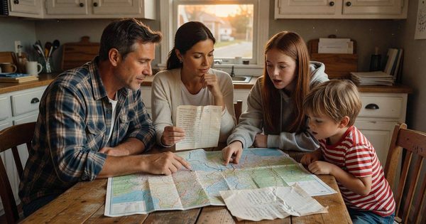 Family reviewing a printed map and checklist together at a kitchen table
