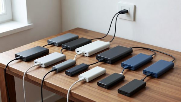 Assorted rechargeable devices and power banks charging on a hard tabletop surface near a wall outlet