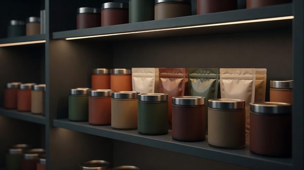 Sealed food storage canisters and mylar pouches arranged on a pantry shelf