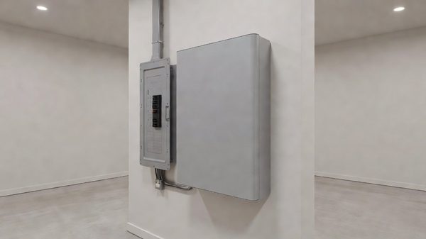 A wall-mounted home battery unit installed next to a residential electrical panel in a utility room