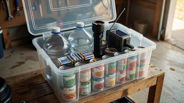 A plastic storage bin of emergency supplies with water jugs, batteries, and a flashlight on a garage shelf