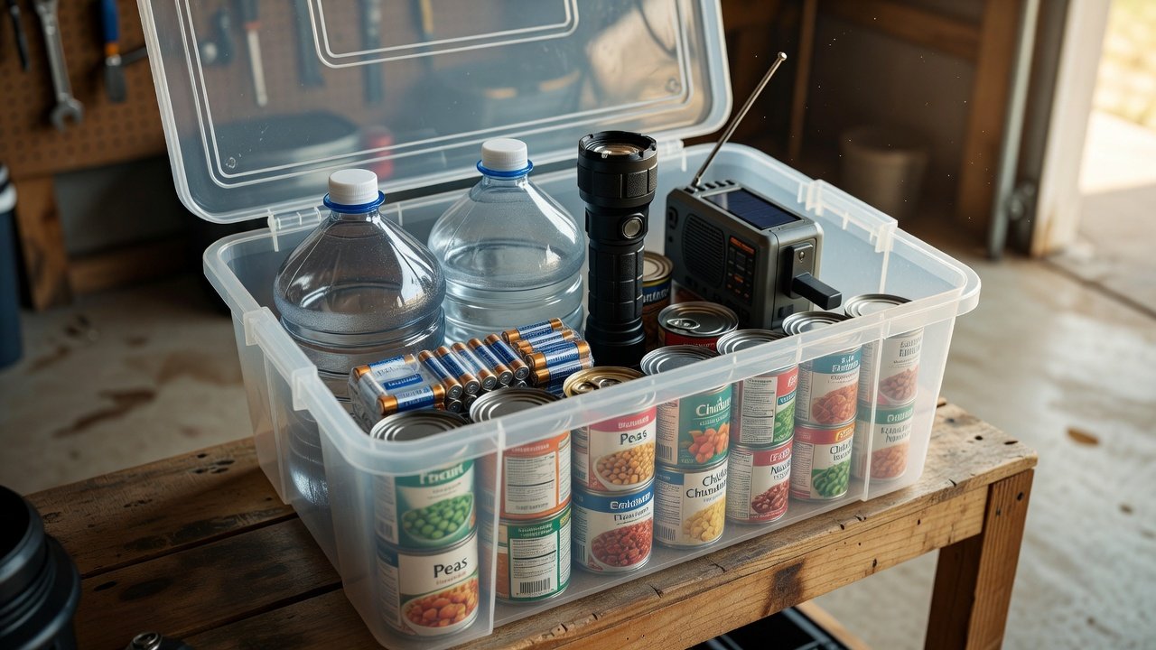 A plastic storage bin of emergency supplies with water jugs, batteries, and a flashlight on a garage shelf