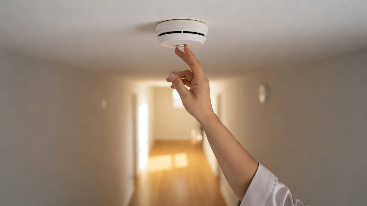 A hand reaching up to press the test button on a white ceiling-mounted smoke alarm in a hallway