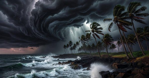 Dark storm clouds and palm trees bending in strong wind over a Pacific island coastline